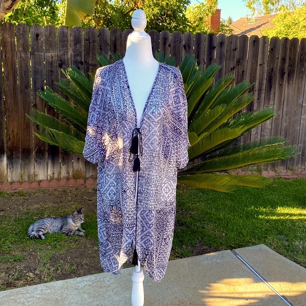 KONA SOL Black and White Sheer Beach Pool Swimsuit Coverup with Tassels …